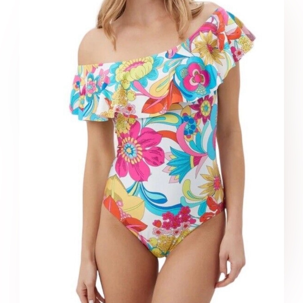 NWT TRINA TURK FONTAINE OFF‎ THE SHOULDER RUFFLE ONE PIECE SWIMSUIT Multi 10 - Picture 5 of 8